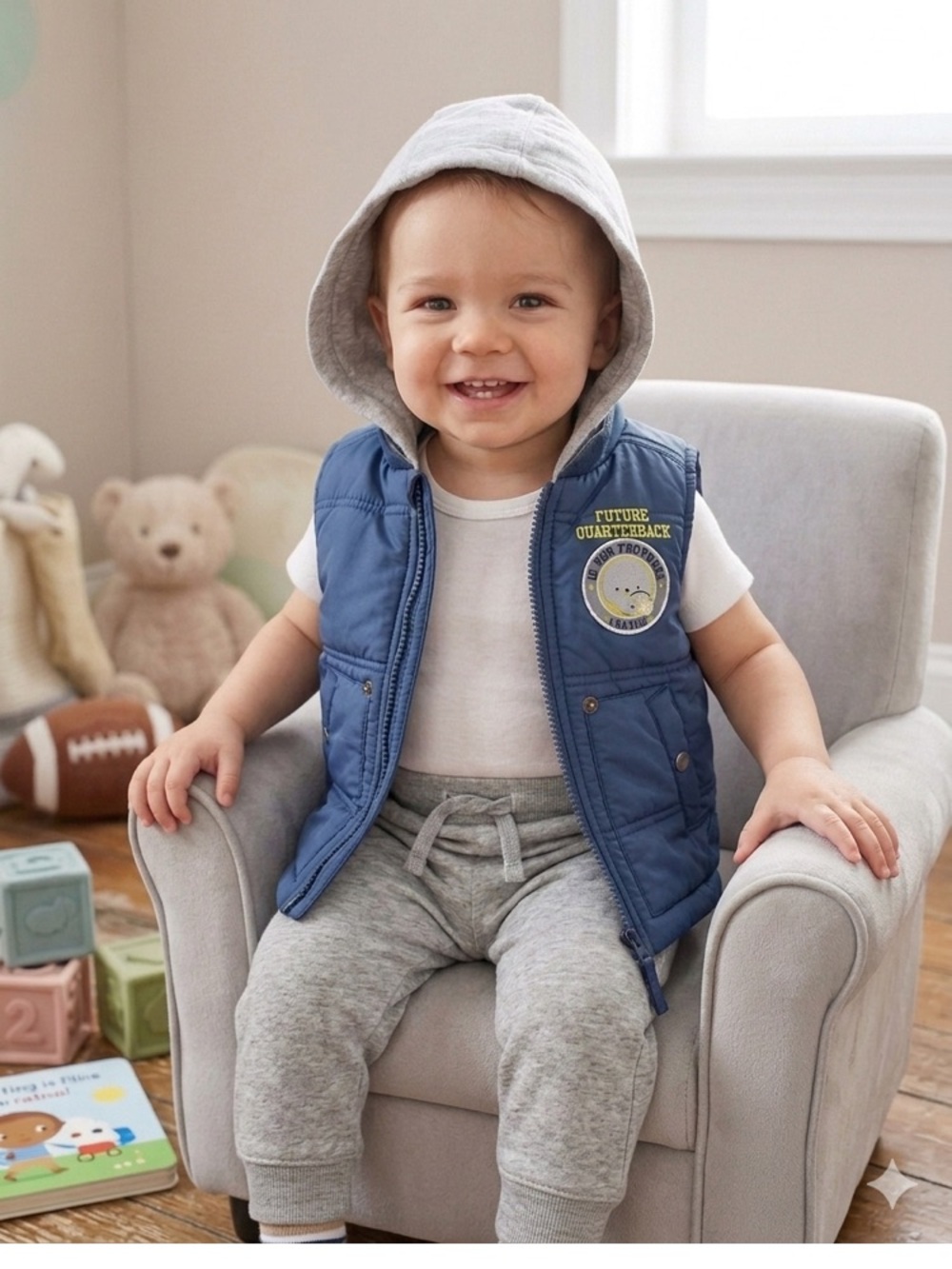Vintage Baby Q Blue Quilted Vest with Gray Hood and Zipper